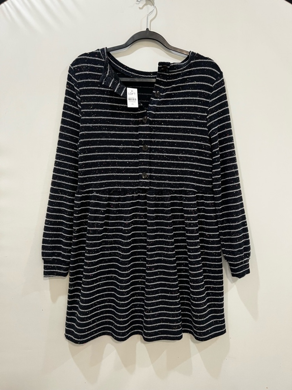Loft Ann Taylor Dress Womans XS Navy Blue Striped Long Sleeve Knit Twee Academia